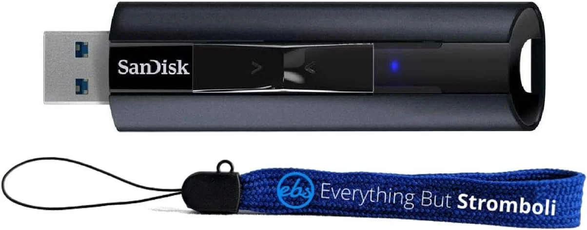 فلش مموری SSD سن‌دیسک Extreme PRO با ظرفیت 256 گیگابایت USB 3.2 برای انتقال پرسرعت با سرعت خواندن 420 مگابایت بر ثانیه - سازگار با کامپیوترها، لپ‌تاپ‌ها (SDCZ880-256G-G46) همراه با (1) بند گردنی Everything But Stromboli