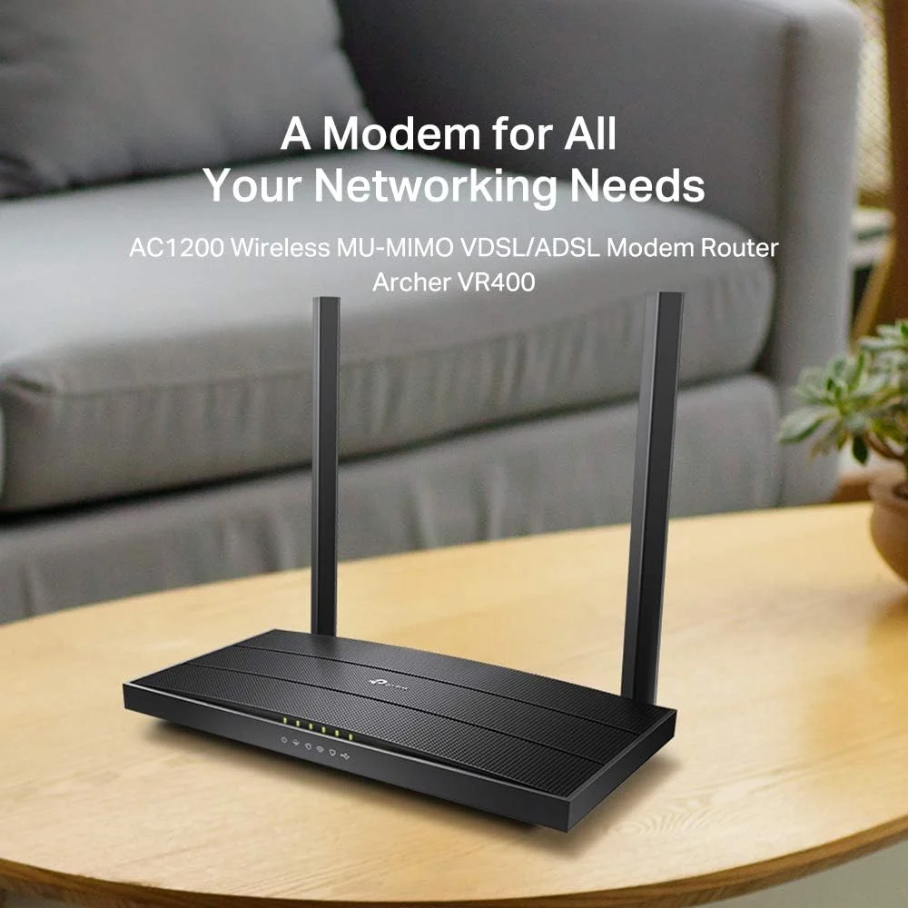 مودم روتر وایرلس دو بانده تی پی-لینک Archer VR400 AC1200Mbps، پروفایل VDSL2 17a، VDSL/FTTC/FTTS/ADSL، دارای 4 پورت گیگابیتی، 1 پورت USB، RJ11، تکنولوژی OneMesh تی پی-لینک، MU-MIMO، Beamforming، QoS، مشکی مودم روتر وایرلس دو بانده تی پی-لینک Archer VR400 AC1200Mbps، پروفایل VDSL2 17a، VDSL/FTTC/FTTS/ADSL، دارای 4 پورت گیگابیتی، 1 پورت USB، RJ11، تکنولوژی OneMesh تی پی-لینک، MU-MIMO، Beamforming، QoS، مشکی