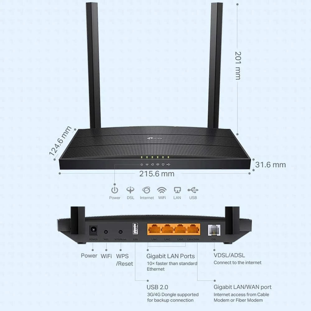 مودم روتر وایرلس دو بانده تی پی-لینک Archer VR400 AC1200Mbps، پروفایل VDSL2 17a، VDSL/FTTC/FTTS/ADSL، دارای 4 پورت گیگابیتی، 1 پورت USB، RJ11، تکنولوژی OneMesh تی پی-لینک، MU-MIMO، Beamforming، QoS، مشکی مودم روتر وایرلس دو بانده تی پی-لینک Archer VR400 AC1200Mbps، پروفایل VDSL2 17a، VDSL/FTTC/FTTS/ADSL، دارای 4 پورت گیگابیتی، 1 پورت USB، RJ11، تکنولوژی OneMesh تی پی-لینک، MU-MIMO، Beamforming، QoS، مشکی