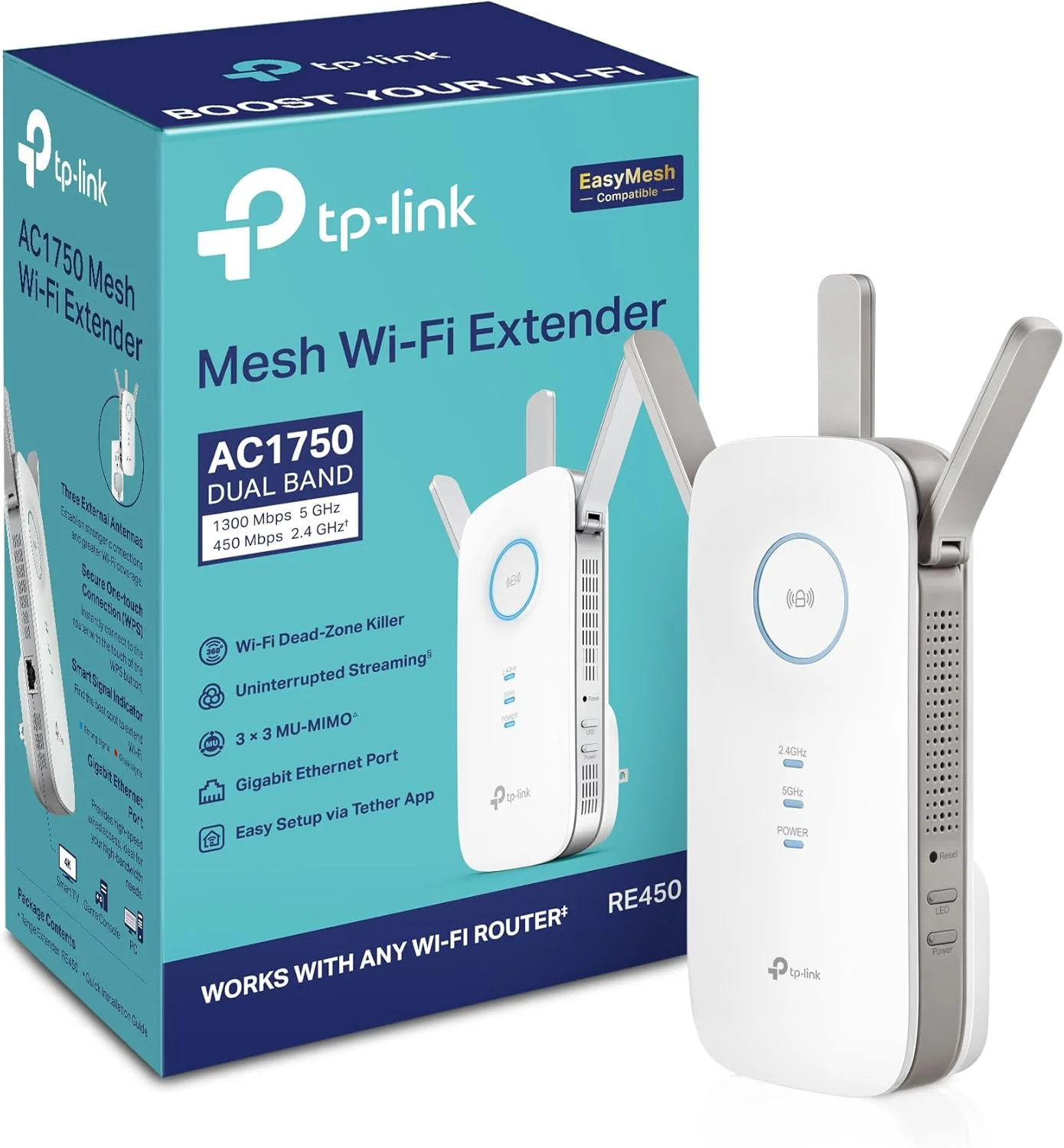 تقویت کننده وای فای TP-Link AC1750 (RE450)، انتخاب سردبیر PCMag، تا 1750 مگابیت در ثانیه، تکرار کننده وای فای دو بانده، تقویت کننده اینترنت، افزایش دامنه وای فای