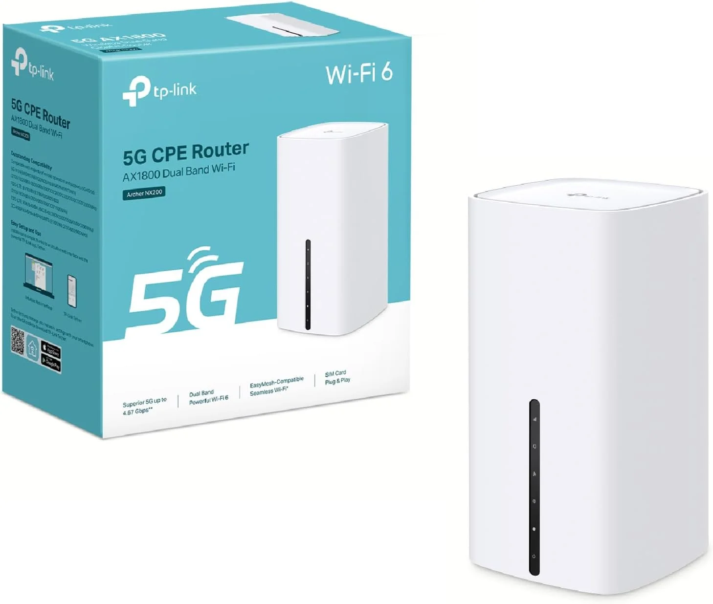 روتر TP-Link Archer NX200 5G Wi-Fi 6 AX1800Mbps با سیم کارت، دو بانده، Plug & Play، پورت گیگابیتی WAN/LAN، 4K-QAM، Beamforming، 8 × 5G/LTE، 2 × آنتن داخلی Wi-Fi، EasyMesh، HomeShield