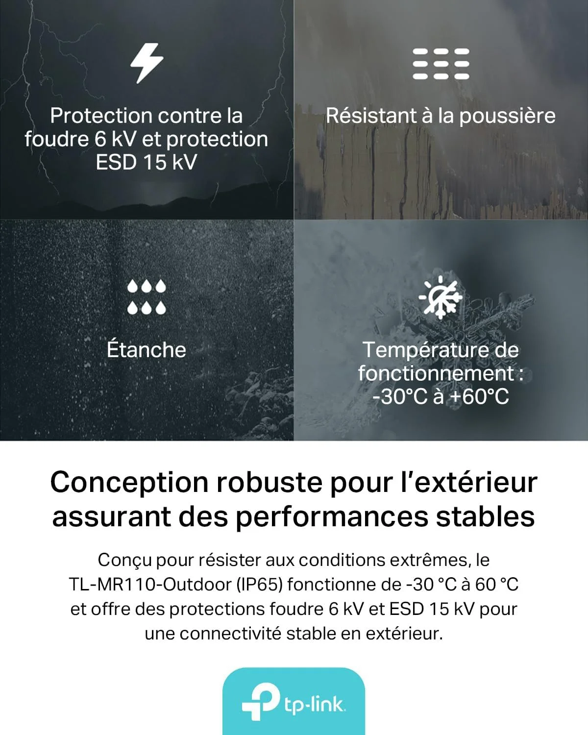 روتر وای فای بیرونی TP-Link TL-MR110 با سیم کارت برای فضای باز، 4G Cat4 300Mbps، IP65، 1 پورت WAN/LAN (PoE In)، آنتن های LTE قابل جدا شدن، برق PoE/DC، نصب روی میله، نصب روی دیوار و پنجره روتر وای فای بیرونی TP-Link TL-MR110 با سیم کارت برای فضای باز، 4G Cat4 300Mbps، IP65، 1 پورت WAN/LAN (PoE In)، آنتن های LTE قابل جدا شدن، برق PoE/DC، نصب روی میله، نصب روی دیوار و پنجره