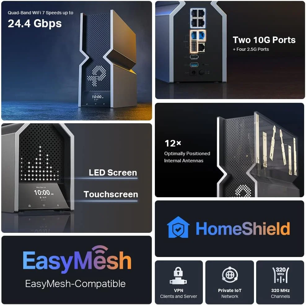 روتر وای فای 7 چهار بانده TP-Link BE24000Mbps | دارای 2 پورت 10G + 4 پورت 2.5G | 12 آنتن داخلی | سازگار با EasyMesh | TP-Link HomeShield | صفحه لمسی و LED | پشتیبانی از VPN | راه اندازی آسان تر - Archer BE900 روتر وای فای 7 چهار بانده TP-Link BE24000Mbps | دارای 2 پورت 10G + 4 پورت 2.5G | 12 آنتن داخلی | سازگار با EasyMesh | TP-Link HomeShield | صفحه لمسی و LED | پشتیبانی از VPN | راه اندازی آسان تر - Archer BE900