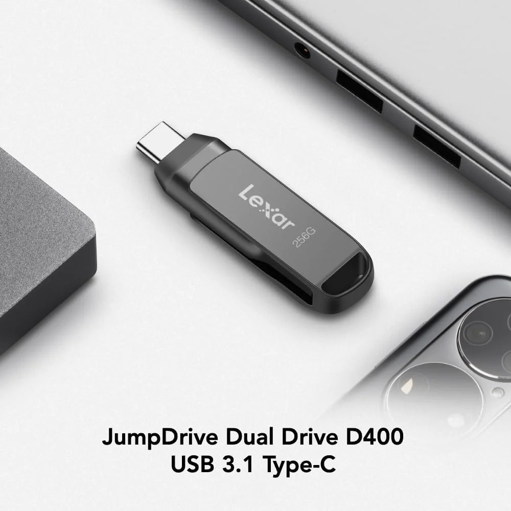 فلش درایو دوگانه لکسار JumpDrive D400 با ظرفیت 256 گیگابایت، USB 3.2 Type-C و Type-A، برای افزایش فضای ذخیره سازی و پشتیبان گیری از عکس، تا 130 مگابایت بر ثانیه، بدنه فلزی و طراحی چرخشی، تیتانیومی (LJDD400256G-BNQNU)