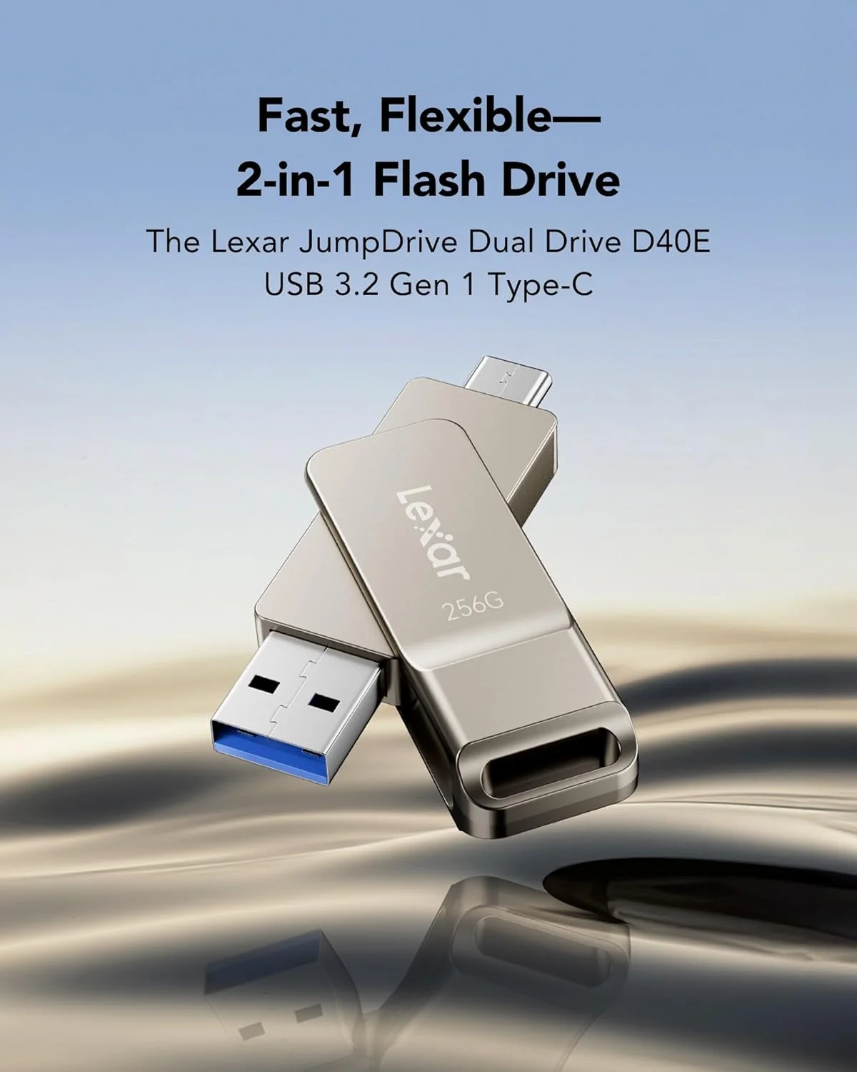 فلش مموری دوگانه لکسار مدل D40E با ظرفیت 256 گیگابایت، USB 3.2 Gen 1 Type-C، بدنه فلزی با طراحی چرخشی