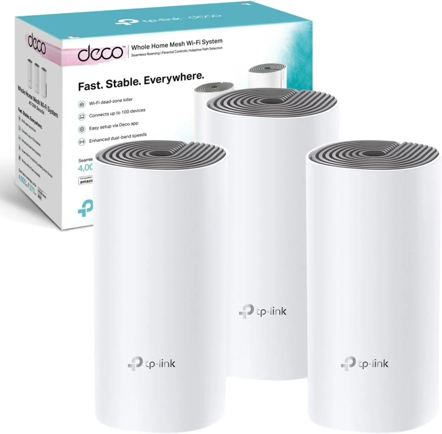 سیستم وای-فای مش خانگی TP-Link Deco E4، یکپارچه و سریع (AC1200)، 2 پورت اترنت 100 مگابیتی، سازگار با آمازون اکو/الکسا، جایگزین روتر و تقویت کننده وای فای، کنترل والدین، بسته 3 عددی