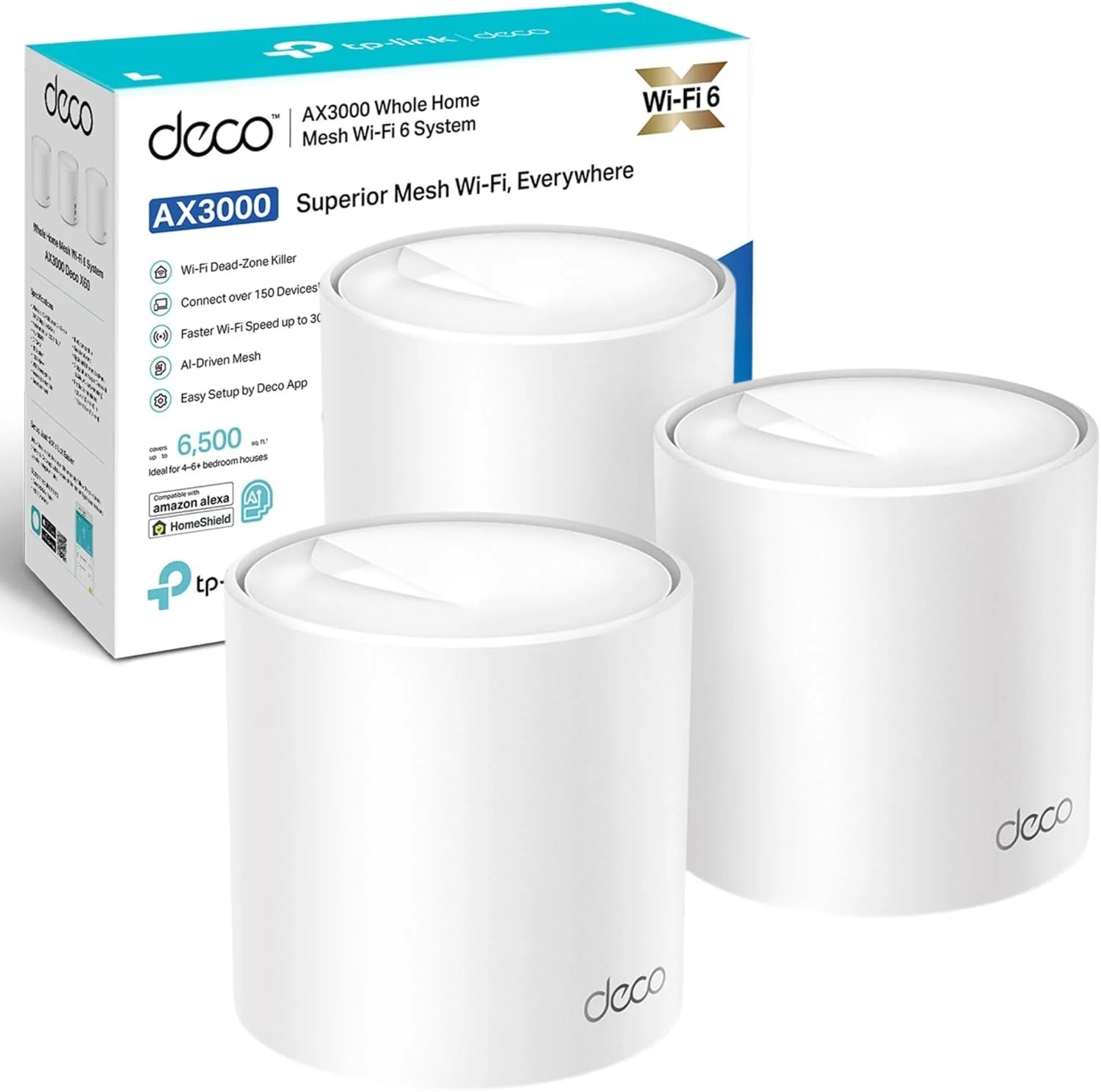 سیستم وای فای مش TP-Link Deco X50 (بسته 3 عددی) AX3000Mbps، مجهز به هوش مصنوعی، پوشش تا 6500 فوت مربع، سیستم مش وای فای، روتر وای فای، تقویت کننده توسعه دهنده وای فای، گیمینگ و 4K، راه اندازی آسان، سازگار با Alexa و Google Home