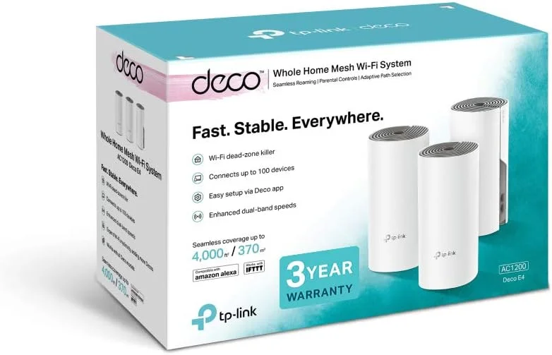 سیستم وای-فای مش خانگی TP-Link Deco E4، یکپارچه و سریع (AC1200)، 2 پورت اترنت 100 مگابیتی، سازگار با آمازون اکو/الکسا، جایگزین روتر و تقویت کننده وای فای، کنترل والدین، بسته 3 عددی سیستم وای-فای مش خانگی TP-Link Deco E4، یکپارچه و سریع (AC1200)، 2 پورت اترنت 100 مگابیتی، سازگار با آمازون اکو/الکسا، جایگزین روتر و تقویت کننده وای فای، کنترل والدین، بسته 3 عددی
