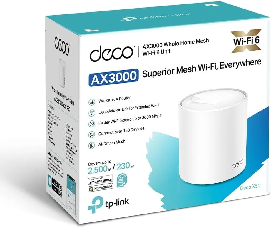 مودم روتر و توسعه دهنده وای فای مش تی پی-لینک Deco X50 (تک واحدی)، وای فای 6 AX3000 دو بانده، 3 پورت گیگابیتی، واحد اضافی، پیشنهاد شده برای خانه های 1 تا 2 خوابه، محافظت جامع برای جوانان مودم روتر و توسعه دهنده وای فای مش تی پی-لینک Deco X50 (تک واحدی)، وای فای 6 AX3000 دو بانده، 3 پورت گیگابیتی، واحد اضافی، پیشنهاد شده برای خانه های 1 تا 2 خوابه، محافظت جامع برای جوانان