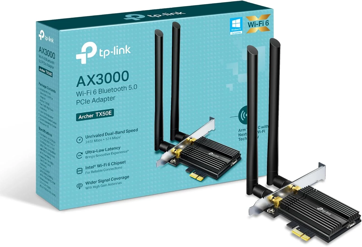کارت شبکه وای فای 6 AX3000 PCIe تی پی-لینک برای کامپیوتر با هیت سینک (Archer TX50E)، بلوتوث 5.0، آداپتور بی سیم دو بانده 802.11AX با MU-MIMO، تاخیر فوق العاده کم، پشتیبانی از ویندوز 11 و 10 (فقط 64 بیتی)