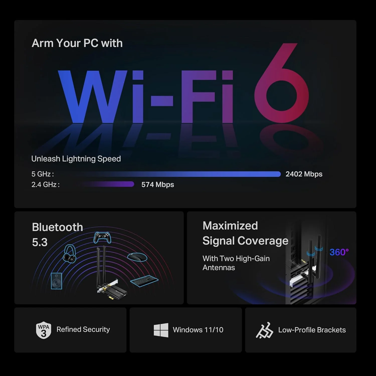 کارت شبکه وای فای 6 AX3000 PCIe تی پی-لینک برای کامپیوتر با هیت سینک (Archer TX50E)، بلوتوث 5.0، آداپتور بی سیم دو بانده 802.11AX با MU-MIMO، تاخیر فوق العاده کم، پشتیبانی از ویندوز 11 و 10 (فقط 64 بیتی)