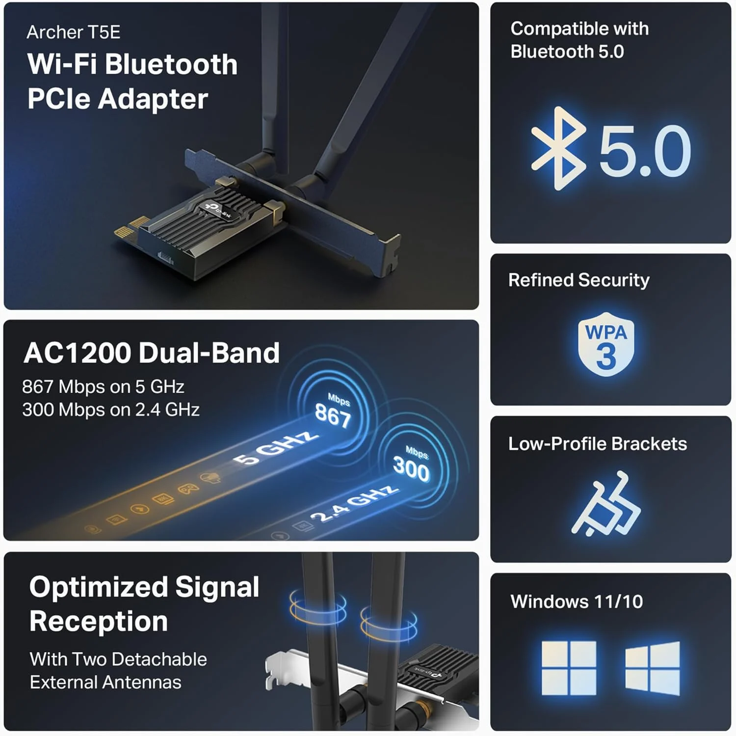کارت شبکه وای فای TP-Link AC1200 PCIe برای کامپیوتر (Archer T5E) - بلوتوث 4.2، کارت شبکه بی سیم دو بانده (2.4 گیگاهرتز و 5 گیگاهرتز) برای بازی، استریم، پشتیبانی از ویندوز 11/10، 8.1، 8، 7 (32/64 بیتی)