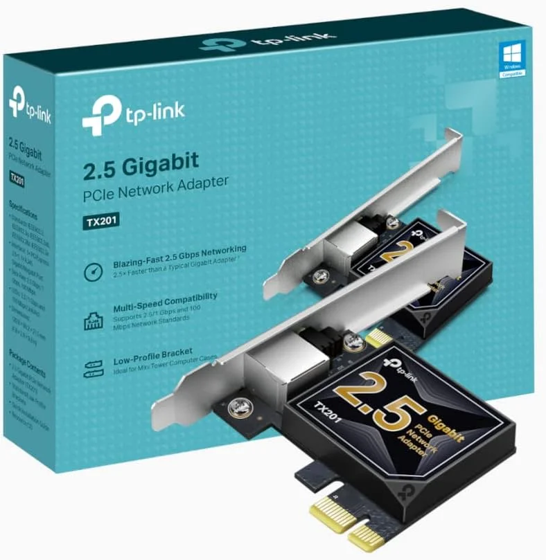 آداپتور شبکه PCI Express 2.5 گیگابیتی TP-Link، دارای براکت های کم ارتفاع و تمام ارتفاع، پشتیبانی از ویندوز 11/10/8.1/8/7، ویندوز سرور RS 2022/2019/2016/2012 R2/2012/2008 R2، لینوکس (TX201)
