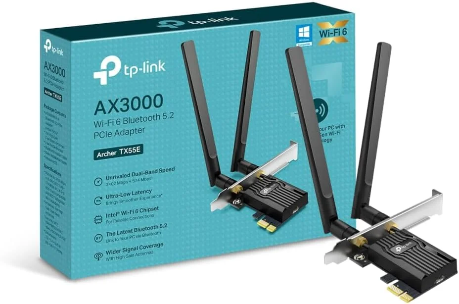 کارت شبکه وای فای 6 دو بانده TP-Link Archer TX55E AX3000Mbps بلوتوث 5.2 PCIe با دو آنتن و هیت سینک تخصصی برای کامپیوتر، 1024-QAM و تاخیر بسیار کم، پشتیبانی از ویندوز 10/11 (64 بیتی)