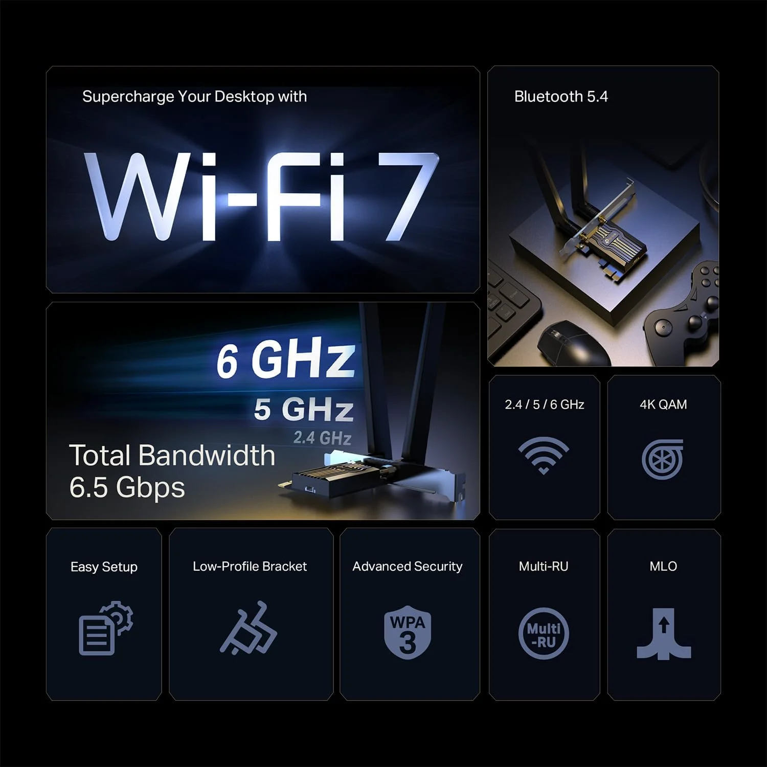 کارت شبکه وای فای 7 TP-Link BE6500 PCIe مدل Archer TBE400E | کارت شبکه سه بانده برای کامپیوتر رومیزی | بلوتوث 5.4 | آنتن های با بهره بالا | MLO, WPA3 | پشتیبانی از مادربردهای AMD/Intel | عدم سازگاری با ویندوز 10 کارت شبکه وای فای 7 TP-Link BE6500 PCIe مدل Archer TBE400E | کارت شبکه سه بانده برای کامپیوتر رومیزی | بلوتوث 5.4 | آنتن های با بهره بالا | MLO, WPA3 | پشتیبانی از مادربردهای AMD/Intel | عدم سازگاری با ویندوز 10