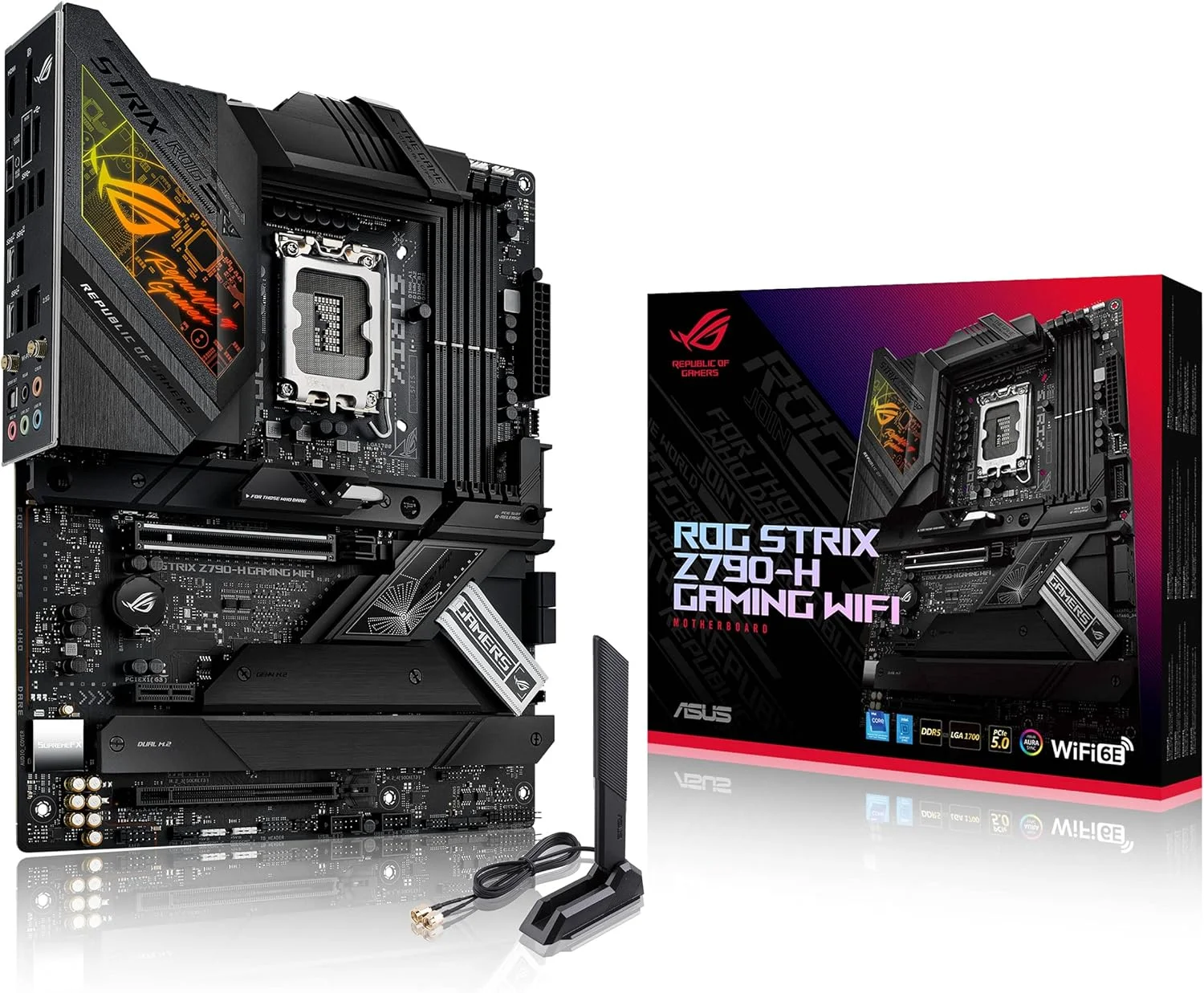 مادربرد ASUS ROG Strix Z790-H Gaming WiFi اینتل Z790 LGA 1700 ATX، دارای 16 + 1 فاز قدرت، DDR5، چهار اسلات M.2، PCIe 5.0، WiFi 6E، USB 3.2 Gen 2x2 Type-C، اورکلاکینگ هوش مصنوعی و Aura Sync RGB