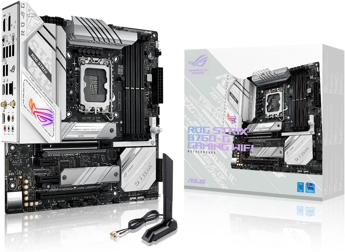 مادربرد ASUS ROG STRIX B760-G GAMING WIFI Intel B760 LGA 1700 سفید mATX با 12 + 1 فاز قدرت، DDR5، PCIe 5.0 x16 SafeSlot، دو اسلات PCIe 4.0 M.2، WiFi 6E، اترنت 2.5G و Aura Sync