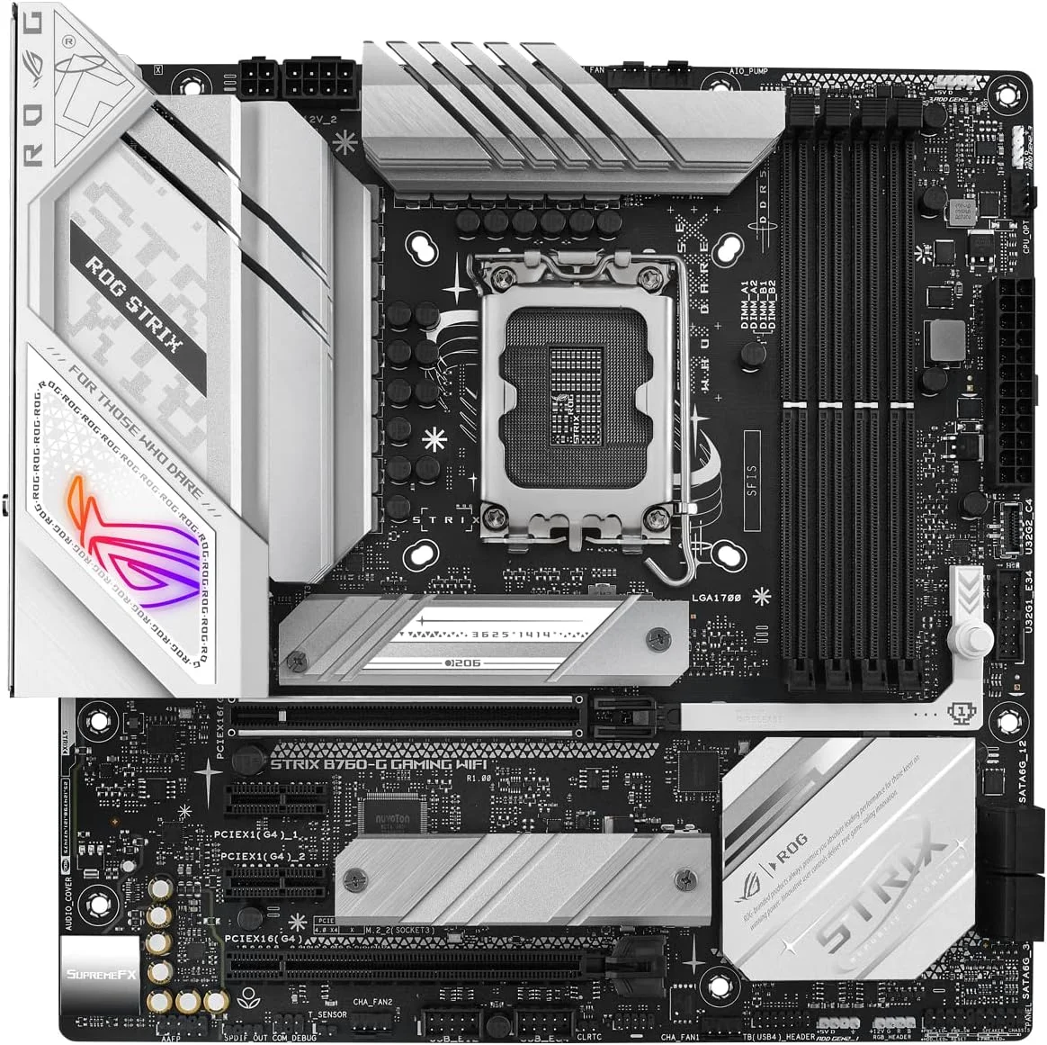 مادربرد ASUS ROG STRIX B760-G GAMING WIFI Intel B760 LGA 1700 سفید mATX با 12 + 1 فاز قدرت، DDR5، PCIe 5.0 x16 SafeSlot، دو اسلات PCIe 4.0 M.2، WiFi 6E، اترنت 2.5G و Aura Sync