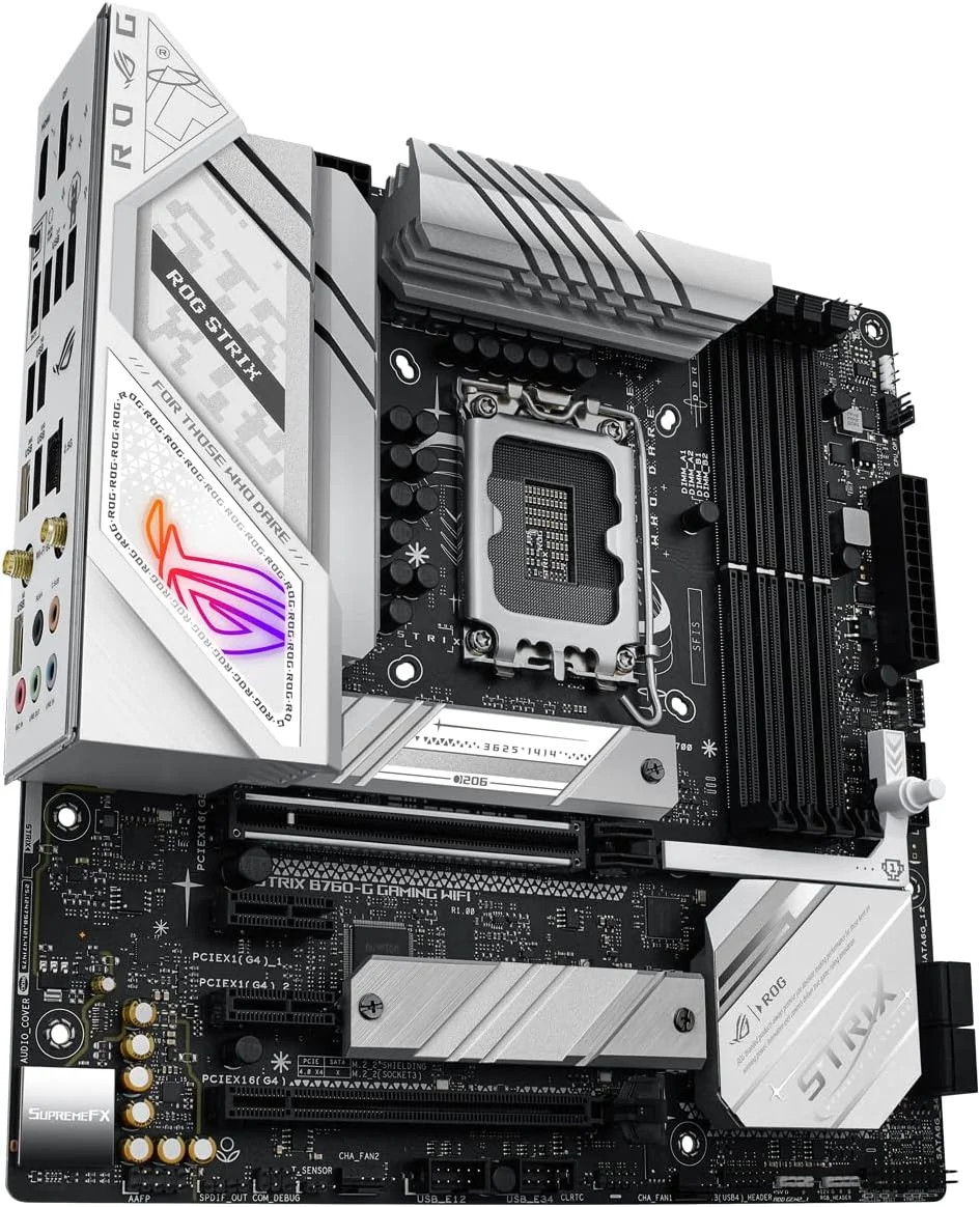 مادربرد ASUS ROG STRIX B760-G GAMING WIFI Intel B760 LGA 1700 سفید mATX با 12 + 1 فاز قدرت، DDR5، PCIe 5.0 x16 SafeSlot، دو اسلات PCIe 4.0 M.2، WiFi 6E، اترنت 2.5G و Aura Sync