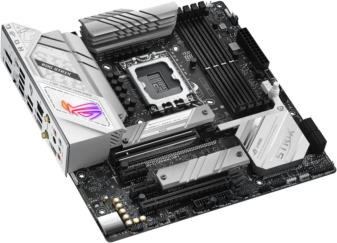 مادربرد ASUS ROG STRIX B760-G GAMING WIFI Intel B760 LGA 1700 سفید mATX با 12 + 1 فاز قدرت، DDR5، PCIe 5.0 x16 SafeSlot، دو اسلات PCIe 4.0 M.2، WiFi 6E، اترنت 2.5G و Aura Sync