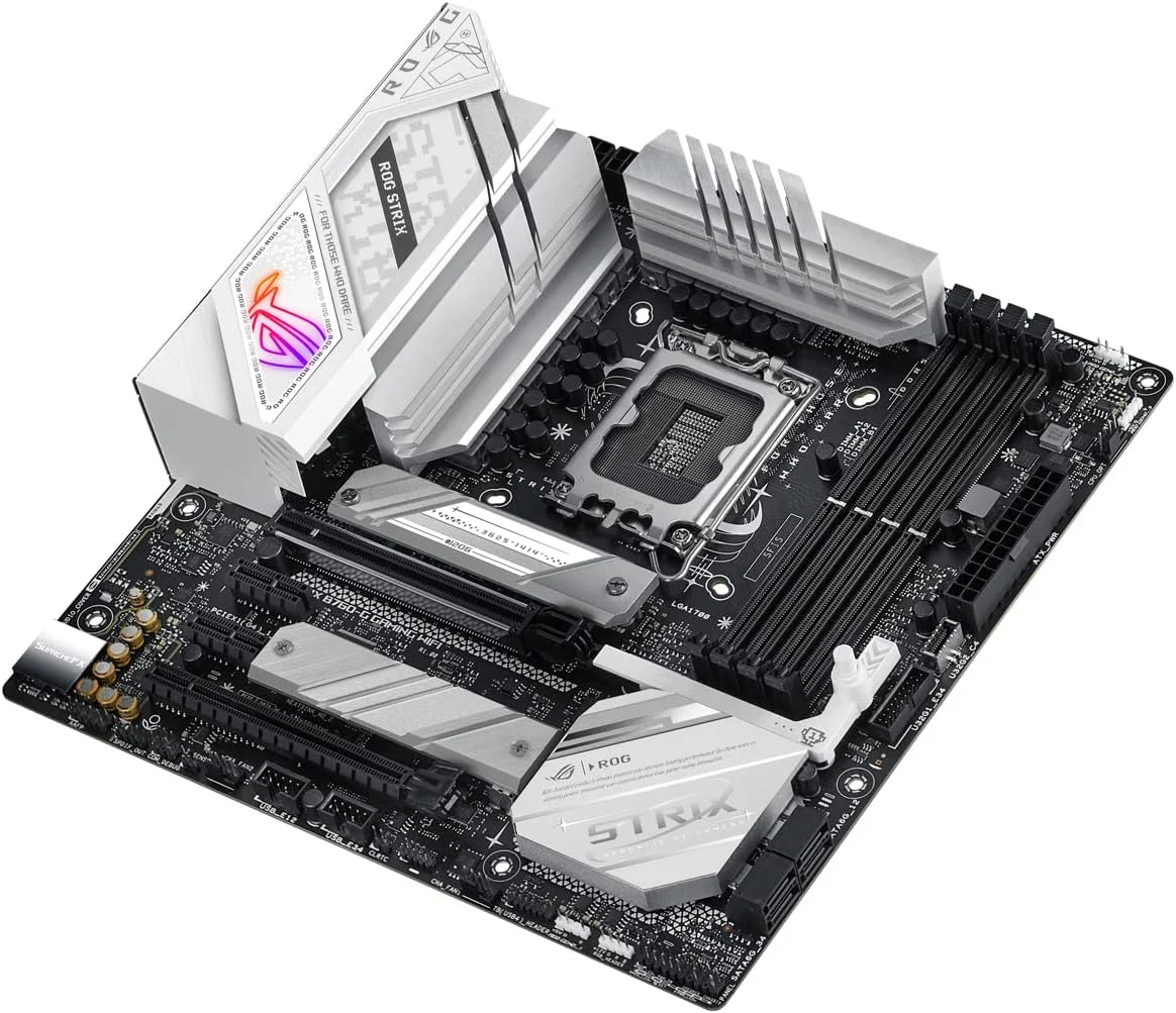 مادربرد ASUS ROG STRIX B760-G GAMING WIFI Intel B760 LGA 1700 سفید mATX با 12 + 1 فاز قدرت، DDR5، PCIe 5.0 x16 SafeSlot، دو اسلات PCIe 4.0 M.2، WiFi 6E، اترنت 2.5G و Aura Sync
