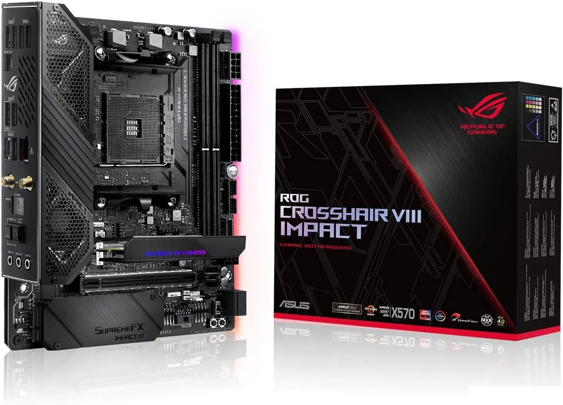 مادربرد گیمینگ ASUS ROG CROSSHAIR VIII IMPACT (AMD X570) AM4 Min-DTX با کارت SO-DIMM.2 (دوگانه M.2)، Wi-Fi 6 (802.11 ax)، PCIe 4.0، صدای SupremeFX، نورپردازی Aura Sync RGB LED، SATA 6Gb/s و USB 3.2 Gen 2