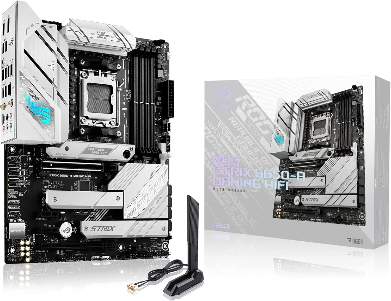 مادربرد گیمینگ ایسوس ROG Strix B650-A، وای فای 6E، AM5، LGA1718، Ryzen 7000، 12+2 فاز قدرت، DDR5، 3 اسلات M.2، PCIe 4.0، LAN 2.5G، وای فای 6E، پورت USB 3.2 Gen 2x2 Type-C - سفید