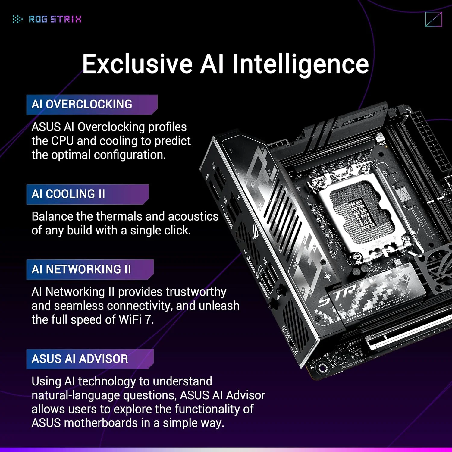 مادربرد ایسوس ROG STRIX Z890-I GAMING WIFI اینتل Z890 LGA1851 DDR5 9200 HDMI 2xUSB4 2x M2 USB3.2 WiFi 7 + BT AURA RGB 2.5Gbit LAN Mini ITX 10+1+2+1 Power Phases, Thunderbolt 4