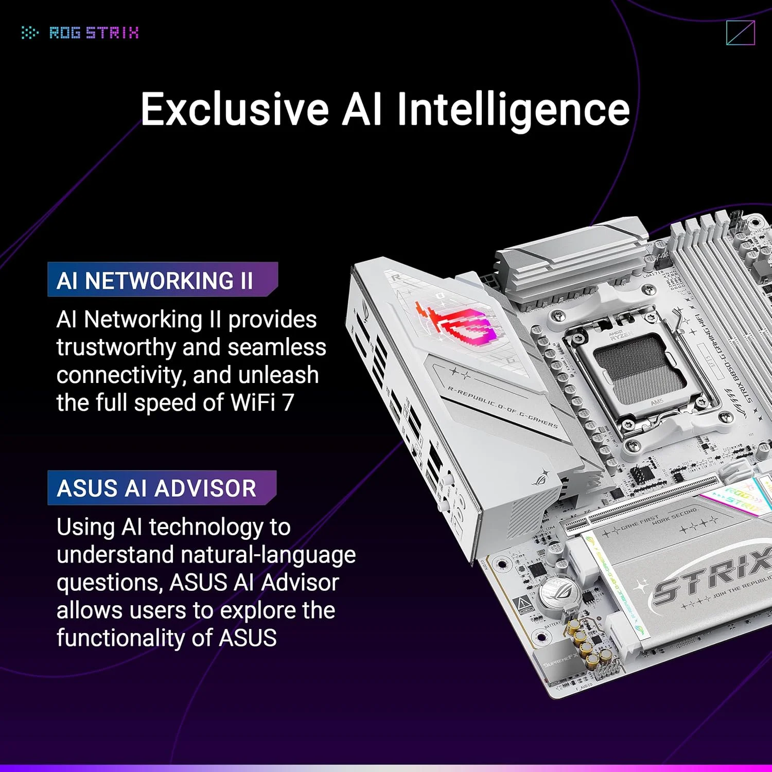 مادربرد ایسوس ROG Strix B850-G Gaming WiFi AMD AM5 B850 mATX، مجهز به هوش مصنوعی پیشرفته، 14+2+1 فاز قدرت، اسلات های DDR5، 4 اسلات M.2، آماده برای PCIe® 5.0، WiFi 7، LAN 2.5G، USB 20Gbps Type-C®، مشاور هوش مصنوعی