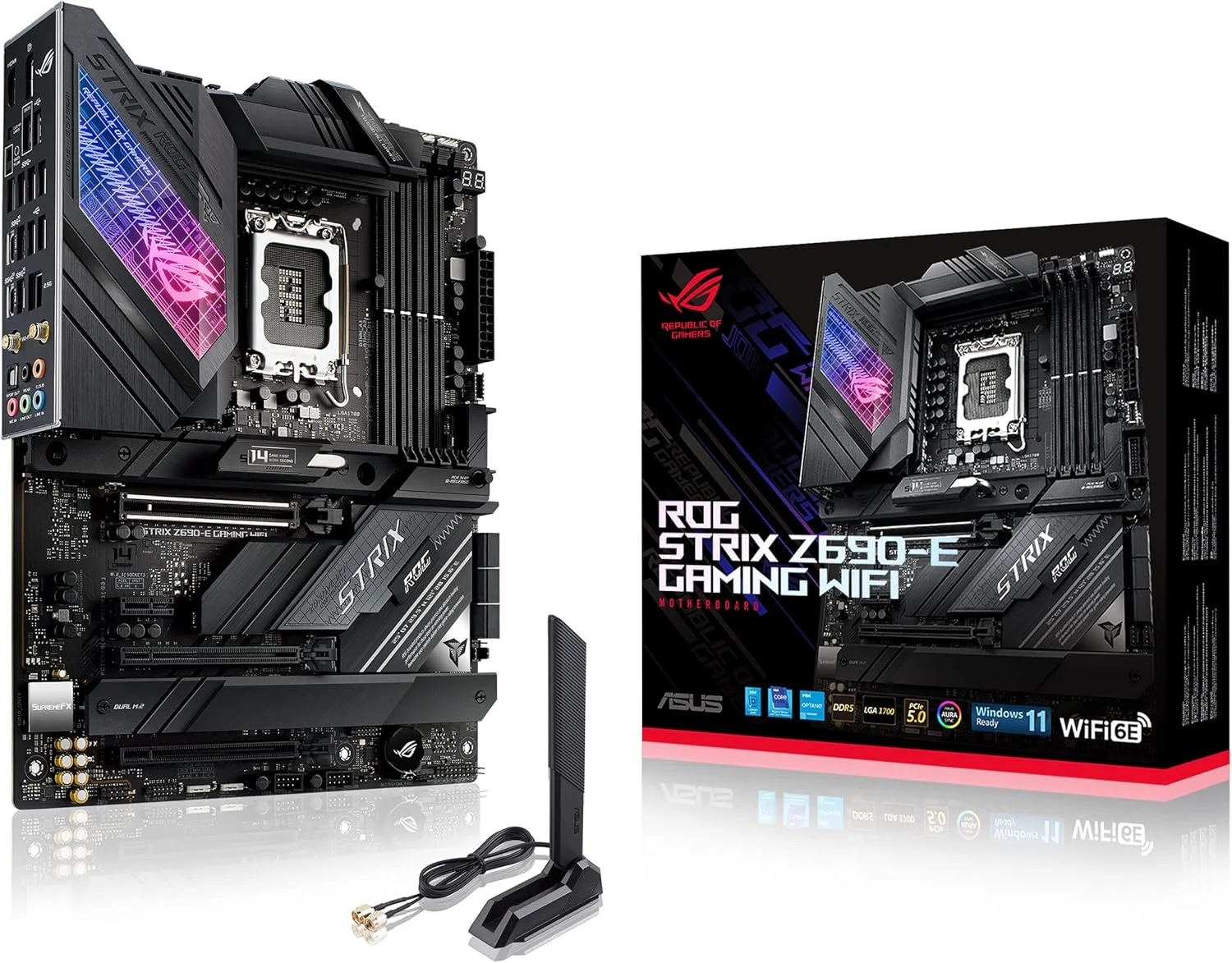 مادربرد گیمینگ ASUS ROG Strix Z690-E WiFi 6E LGA 1700 (نسل دوازدهم اینتل) ATX (PCIe 5.0, DDR5, LAN 2.5 گیگابیتی, Thunderbolt 4, 5xM.2, 1xPCIe 5.0 M.2, کارت ROG Hyper M.2, پنل جلویی USB 3.2 Gen 2x2 Type-C) مادربرد گیمینگ ASUS ROG Strix Z690-E WiFi 6E LGA 1700 (نسل دوازدهم اینتل) ATX (PCIe 5.0, DDR5, LAN 2.5 گیگابیتی, Thunderbolt 4, 5xM.2, 1xPCIe 5.0 M.2, کارت ROG Hyper M.2, پنل جلویی USB 3.2 Gen 2x2 Type-C)