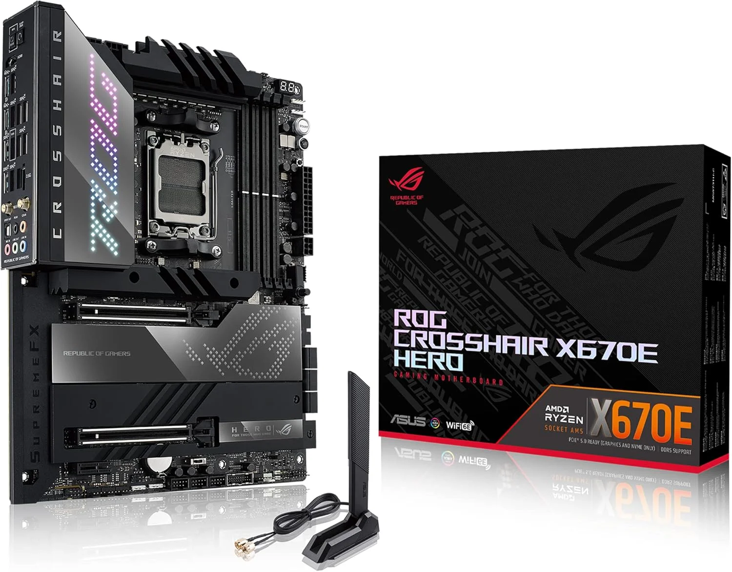 مادربرد گیمینگ ایسوس ROG Crosshair X670E Hero (WiFi 6E) سوکت AM5 (LGA 1718) Ryzen 7000 (مراحل قدرت 18+2، PCIe® 5.0، DDR5، 5 اسلات M.2، USB 3.2 Gen 2x2 پنل جلو، USB4®، Wi-Fi 6E) مادربرد گیمینگ ایسوس ROG Crosshair X670E Hero (WiFi 6E) سوکت AM5 (LGA 1718) Ryzen 7000 (مراحل قدرت 18+2، PCIe® 5.0، DDR5، 5 اسلات M.2، USB 3.2 Gen 2x2 پنل جلو، USB4®، Wi-Fi 6E)