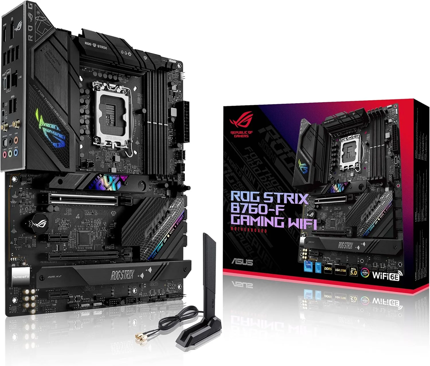 مادربرد ایسوس ROG Strix B760-F Gaming WiFi، اینتل B760 LGA 1700 ATX، دارای 16 + 1 فاز قدرت، DDR5 تا 7800 MT/s، PCIe 5.0، سه اسلات M.2، WiFi 6E، USB 3.2 Gen 2x2 Type-C و Aura Sync RGB مادربرد ایسوس ROG Strix B760-F Gaming WiFi، اینتل B760 LGA 1700 ATX، دارای 16 + 1 فاز قدرت، DDR5 تا 7800 MT/s، PCIe 5.0، سه اسلات M.2، WiFi 6E، USB 3.2 Gen 2x2 Type-C و Aura Sync RGB