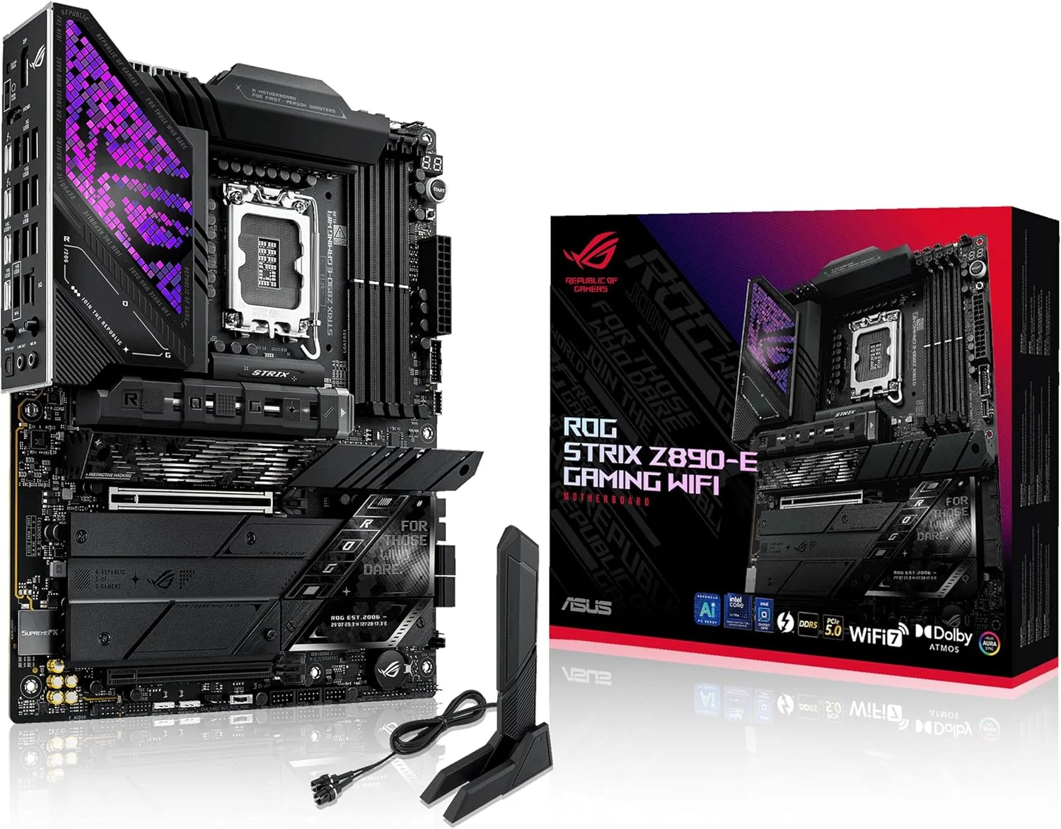 مادربرد ایسوس ROG Strix Z890-E Gaming WiFi Intel® Z890 LGA 1851 ATX، مجهز به هوش مصنوعی پیشرفته، 18+2+1+2 فاز، DDR5، WiFi 7، 7X M.2، Thunderbolt™ 4، USB Type-C®، اورکلاک هوش مصنوعی، خنک کننده و شبکه