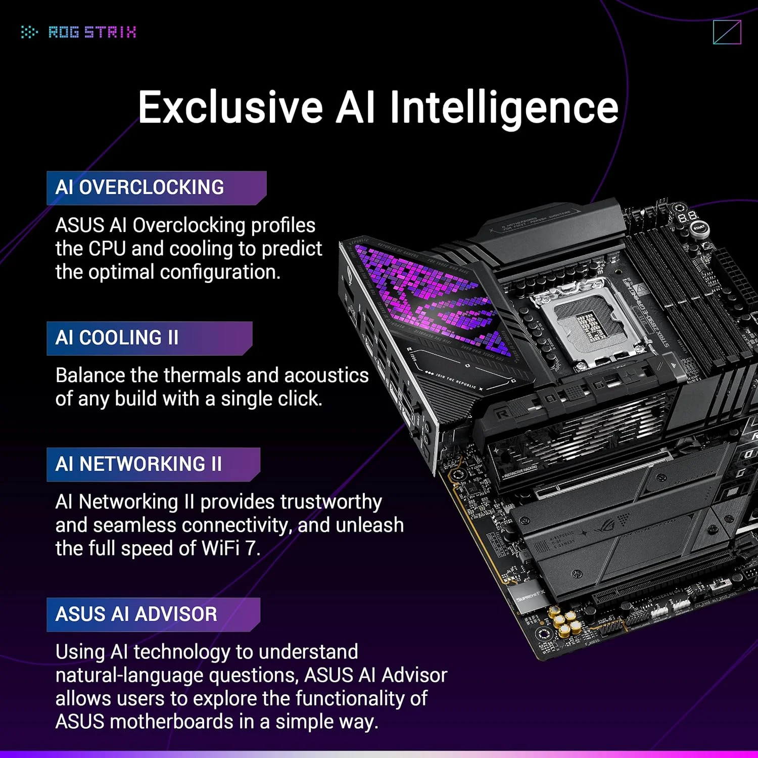 مادربرد ایسوس ROG Strix Z890-E Gaming WiFi Intel® Z890 LGA 1851 ATX، مجهز به هوش مصنوعی پیشرفته، 18+2+1+2 فاز، DDR5، WiFi 7، 7X M.2، Thunderbolt™ 4، USB Type-C®، اورکلاک هوش مصنوعی، خنک کننده و شبکه