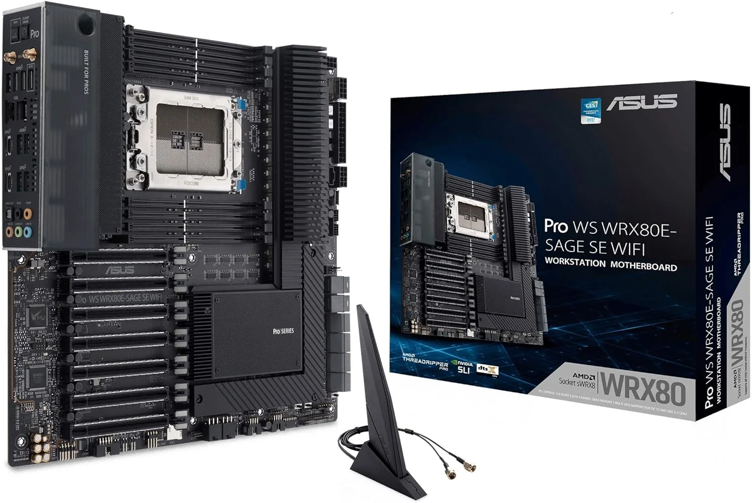 مادربرد ورک استیشن ایسوس Pro WS WRX80E-SAGE SE WIFI AMD Threadripper Pro EATX (PCIe 4.0, ASMB9-iKVM, 2x10Gb LAN, 7xPCIe 4.0 X16 slots, 3xM.2,2xU.2 ports, 11 USB 3.2 Gen 2 ports,8-channel DDR4 ECC)