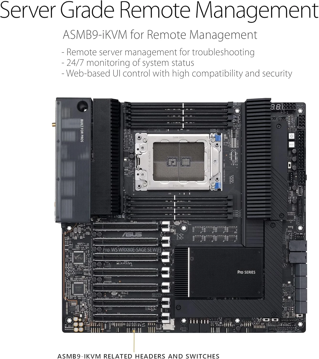 مادربرد ورک استیشن ایسوس Pro WS WRX80E-SAGE SE WIFI AMD Threadripper Pro EATX (PCIe 4.0, ASMB9-iKVM, 2x10Gb LAN, 7xPCIe 4.0 X16 slots, 3xM.2,2xU.2 ports, 11 USB 3.2 Gen 2 ports,8-channel DDR4 ECC)