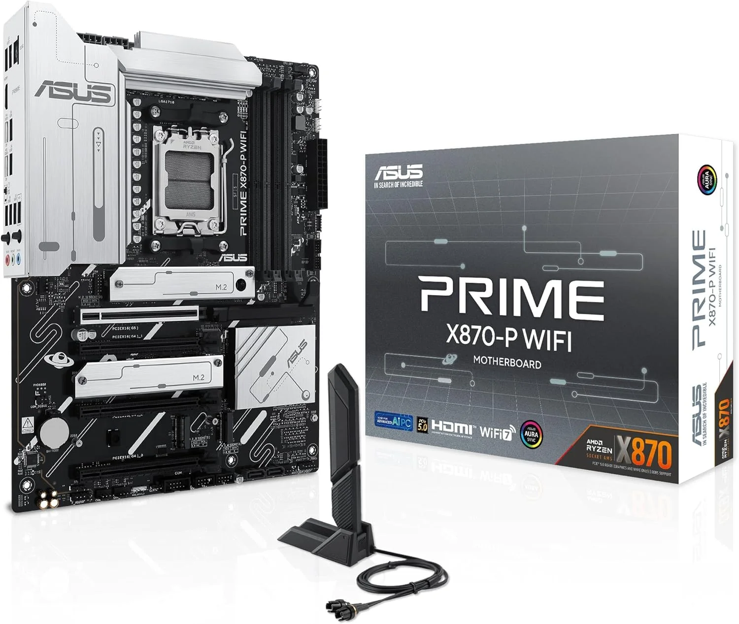 مادربرد ASUS Prime X870-P WiFi AMD AM5 X870 ATX با 14+2+1 فاز قدرت DrMOS 80A، DDR5، PCIe 5.0، PCIe 5.0 x16، Q-Release، 4X M.2، Wi-Fi 7، Q-Antenna، LAN 2.5Gb، USB4®، USB Type-C®، BIOS Flashback™