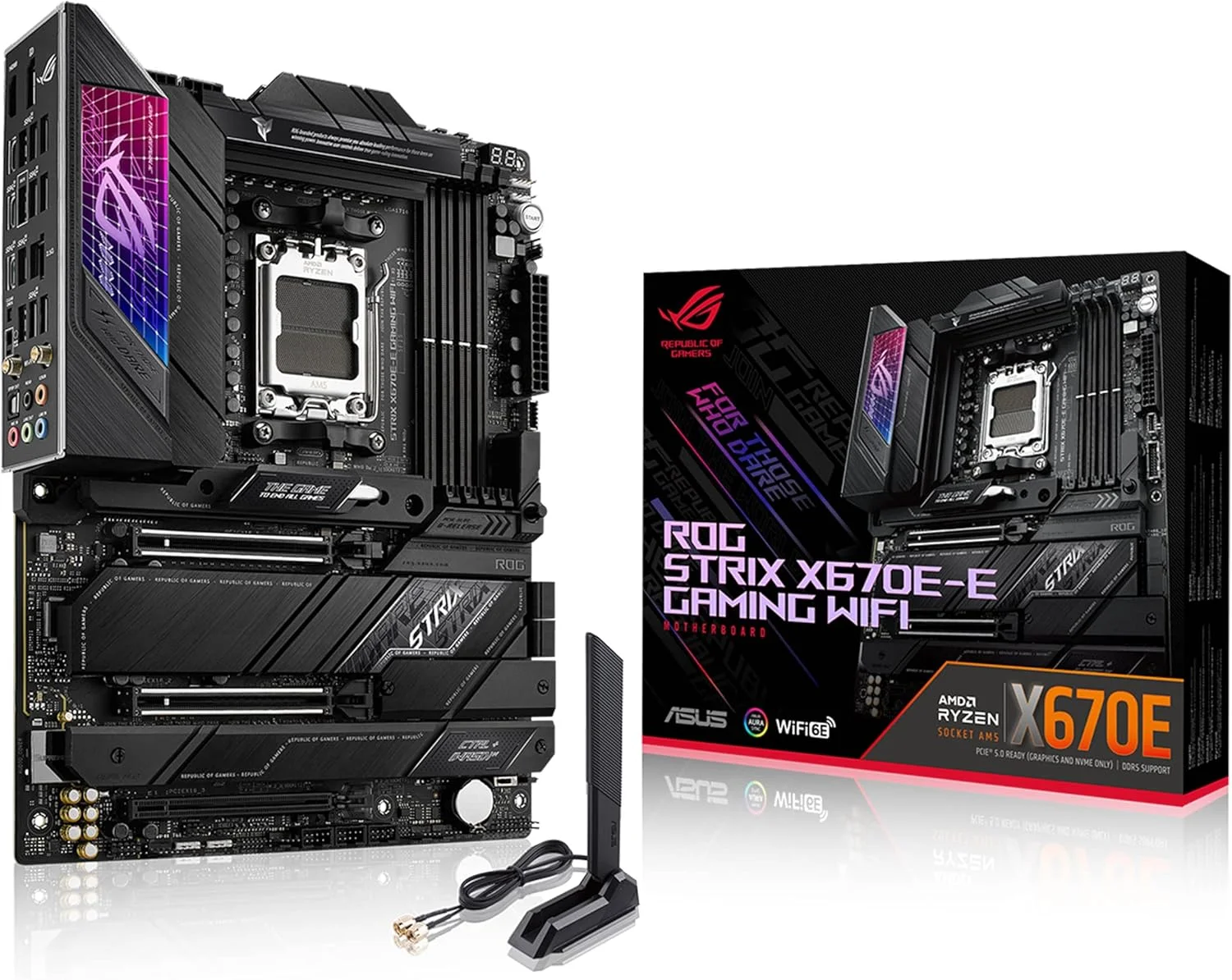 مادربرد گیمینگ ایسوس ROG Strix X670E-E با وای فای 6E، سوکت AM5، LGA 1718، Ryzen 7000 ATX، دارای 18+2 فاز قدرت، PCIe 5.0، DDR، 4 اسلات M.2، USB 3.2 Gen 2x2، و قابلیت PCIe Slot Q-Release - مشکی