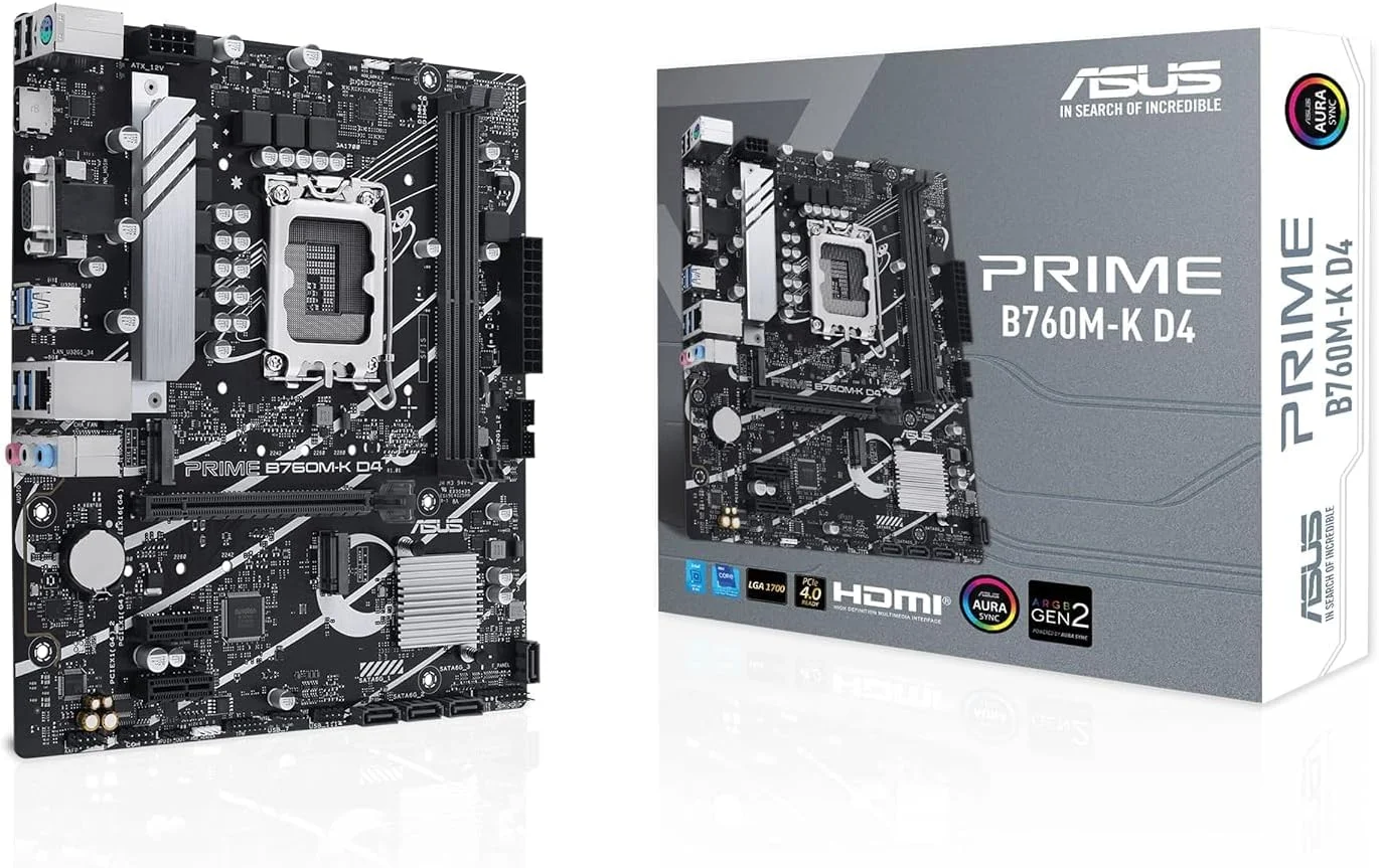مادربرد ایسوس Prime B760M-K، Intel B760 LGA 1700 mATX با PCIe 4.0، دو اسلات PCIe 4.0 M.2، DDR5، Realtek 2.5Gb Ethernet، VGA، HDMI، SATA 6 Gbps، USB 3.2 Gen 1 جلو، Aura Sync - مشکی