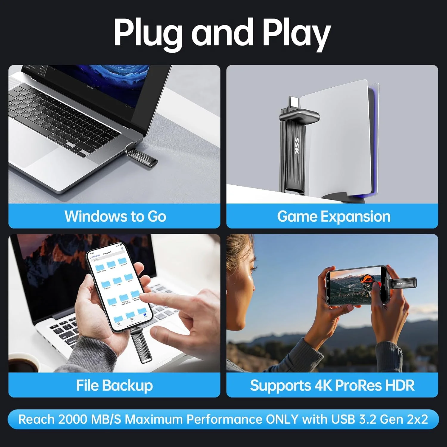 حافظه فلش SSD USB C با ظرفیت 2 ترابایت SSK، حداکثر سرعت تا 2000 مگابایت بر ثانیه فقط برای USB3.2 Gen2x2، درایو انگشتی SSD اکسترنال قابل حمل سازگار برای تلفن های اندرویدی، لپ تاپ مک، پشتیبانی از آیفون 15/16 4K Pro ProRes حافظه فلش SSD USB C با ظرفیت 2 ترابایت SSK، حداکثر سرعت تا 2000 مگابایت بر ثانیه فقط برای USB3.2 Gen2x2، درایو انگشتی SSD اکسترنال قابل حمل سازگار برای تلفن های اندرویدی، لپ تاپ مک، پشتیبانی از آیفون 15/16 4K Pro ProRes