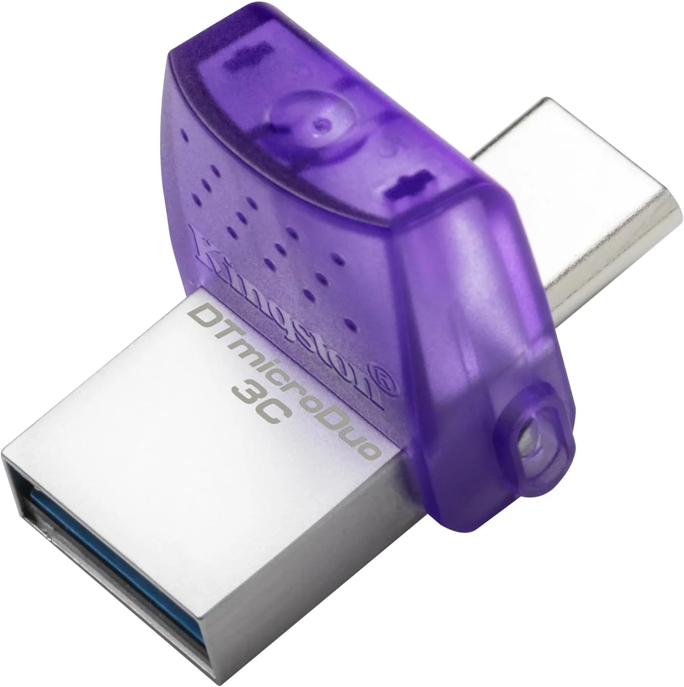 فلش مموری کینگستون DataTraveler microDuo 3C با دو رابط USB Type-A و USB Type-C، ظرفیت 256 گیگابایت، USB 3.2 Gen 1 (3.1 Gen 1)، بدنه استیل ضد زنگ، رنگ بنفش