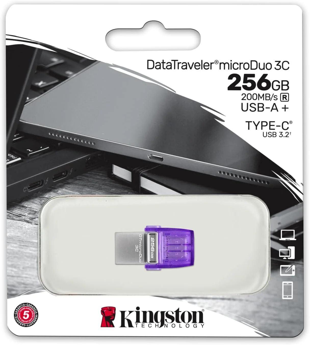 فلش مموری کینگستون DataTraveler microDuo 3C با دو رابط USB Type-A و USB Type-C، ظرفیت 256 گیگابایت، USB 3.2 Gen 1 (3.1 Gen 1)، بدنه استیل ضد زنگ، رنگ بنفش