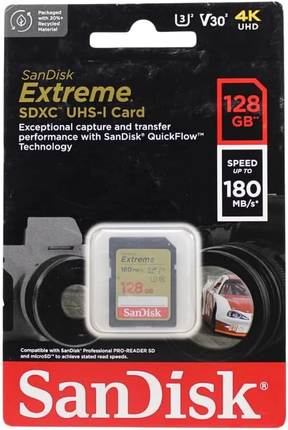کارت حافظه 128 گیگابایتی SanDisk Extreme SDXC به همراه Rescuepro Deluxe، سرعت تا 180 مگابایت بر ثانیه، UHS-I، کلاس 10، U3، V30 Sdsdxva 128G Gncin، مشکی