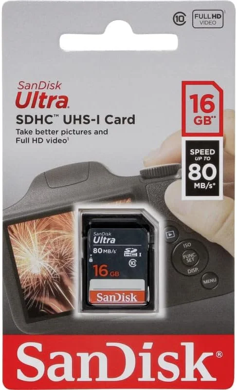 کارت حافظه SanDisk Ultra SDHC، 16 گیگابایت، تا 80 مگابایت بر ثانیه، کلاس 10، مشکی/خاکستری