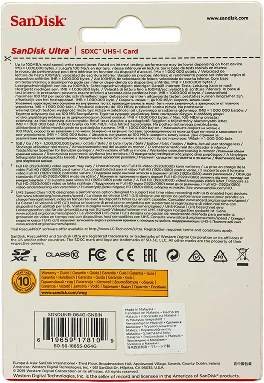 کارت حافظه 64 گیگابایتی SanDisk Ultra SDXC UHS-I - 100 مگابایت بر ثانیه، C10، U1، Full HD، کارت SD - SDSDUNR