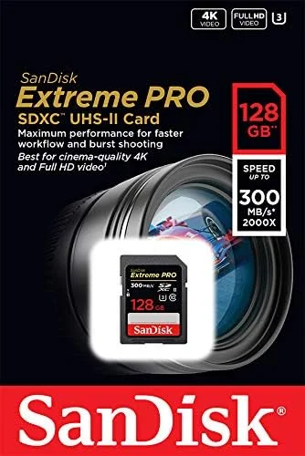 کارت حافظه SanDisk Extreme PRO با ظرفیت 128 گیگابایت، سرعت خواندن تا 300 مگابایت بر ثانیه، UHS-II Class 10 U3 SDXC مدل SDSDXPK-128G-GN4IN