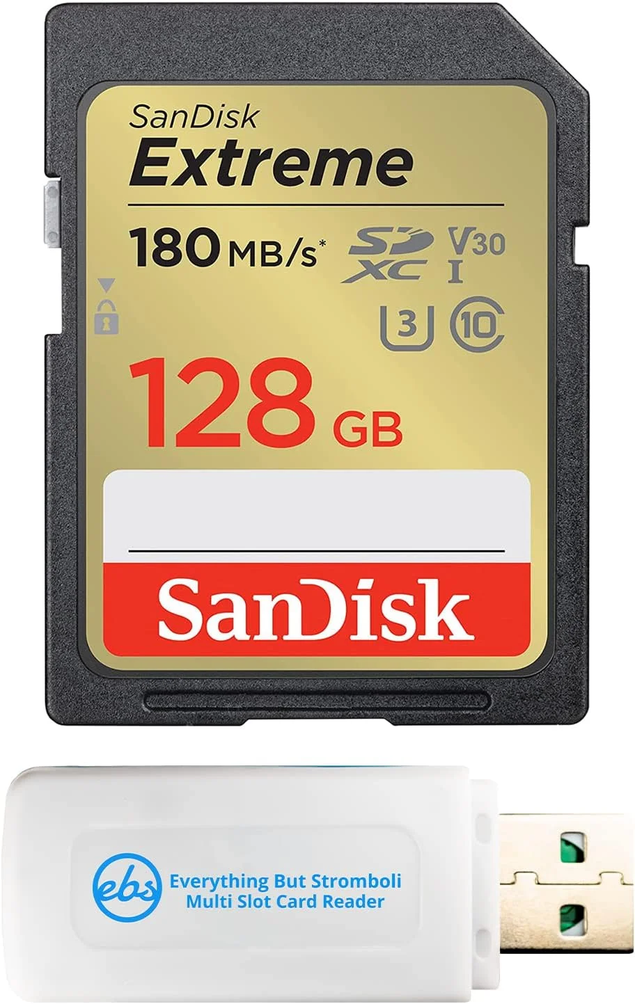 کارت حافظه 128 گیگابایتی SanDisk Extreme SD سازگار با دوربین های بدون آینه سونی Alpha a7C, a6600, a6100, a6400 (SDSDXVA-128G-GNCIN) U3 SDXC UHS-I به همراه (1) کارت خوان Micro & SD همه کاره Stromboli