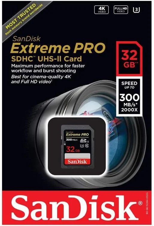 کارت حافظه سن دیسک Extreme Pro SD با ظرفیت 32 گیگابایت UHS-II مناسب دوربین فوجی فیلم سازگار با دوربین های X-T4, X-Pro3 (SDSDXPK-032G-ANCIN) کلاس 10 U3 سرعت 300 مگابایت بر ثانیه به همراه (1) کارت خوان حافظه Everything But Stromboli 3.0 SDHC
