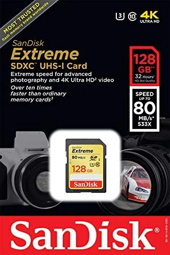 کارت حافظه SanDisk Extreme 128GB U3/UHS-I SDXC با کیفیت 4K Ultra HD، سرعت خواندن تا 80MB/s و نوشتن 60MB/s - SDSDXN-128G-G46 [نسخه قدیمی]