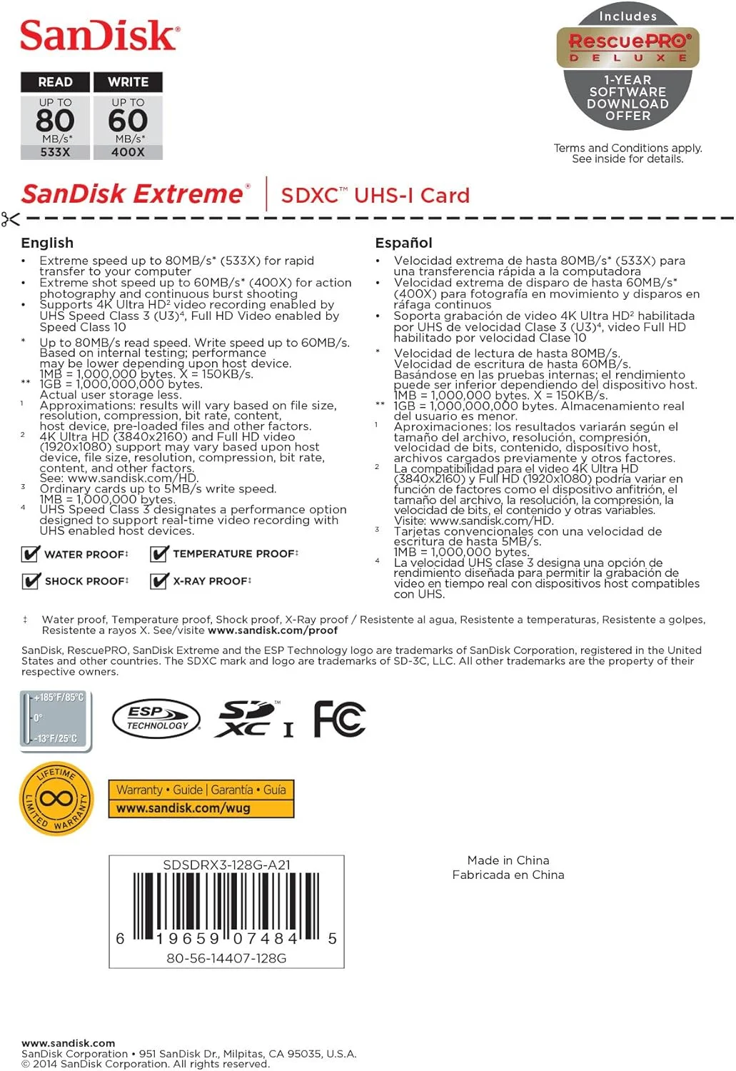 کارت حافظه SanDisk Extreme 128GB U3/UHS-I SDXC با کیفیت 4K Ultra HD، سرعت خواندن تا 80MB/s و نوشتن 60MB/s - SDSDXN-128G-G46 [نسخه قدیمی]